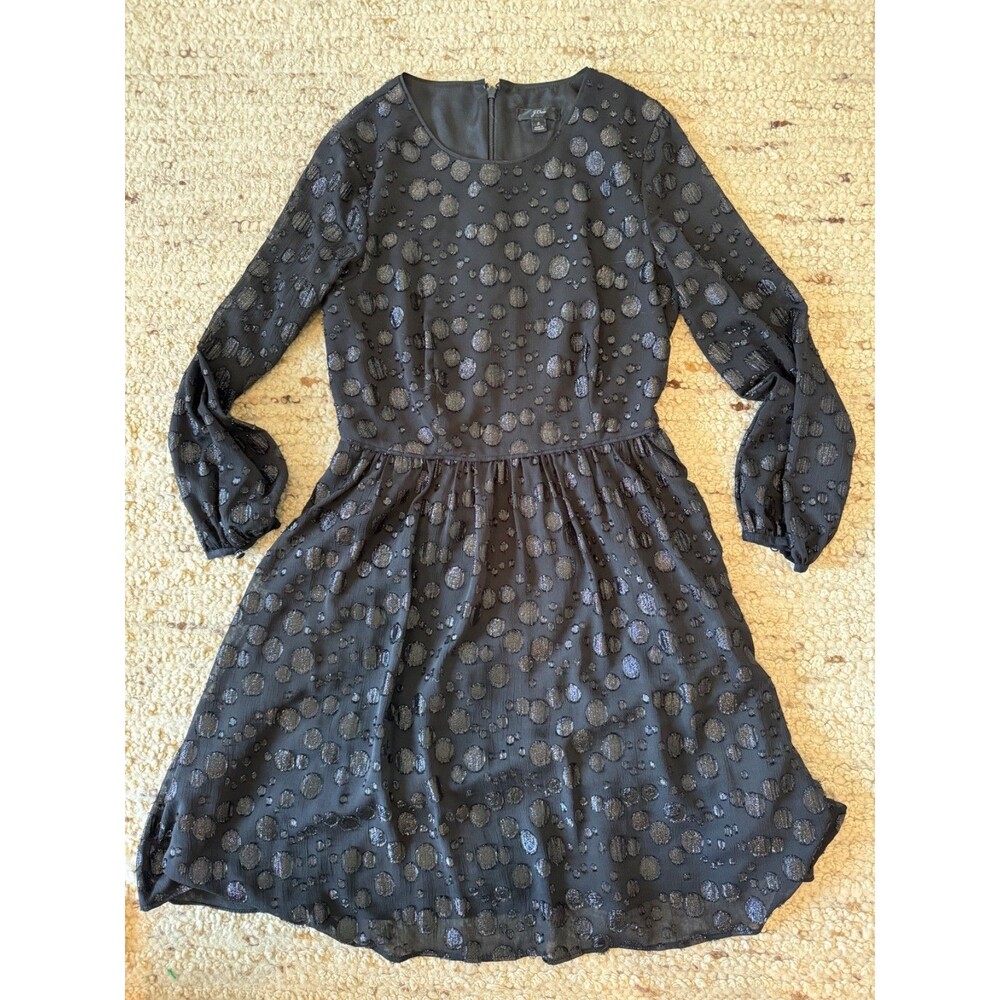 J.Crew Black Clip Dot Dress Size 2 Sheer Metallic Polka Dot Long Sleeve